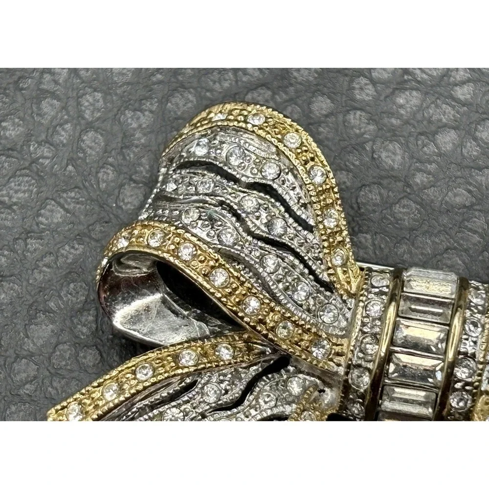 Vintage 90s Gold Tone Silver Tone Rhinestone Bow Brooch Pin Art Deco Revival
